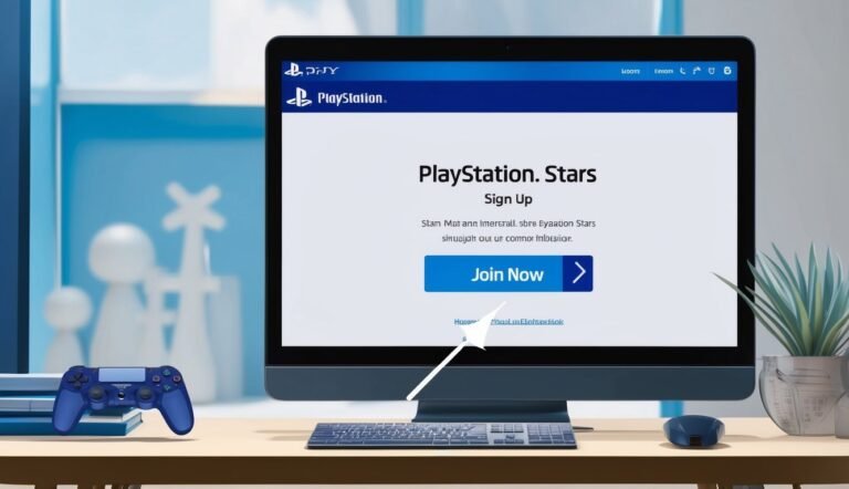 PlayStation Stars sign-up page on a computer monitor with controller and plant