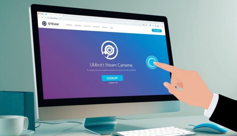 Hand pointing at a Steam sign-up button on a computer screen