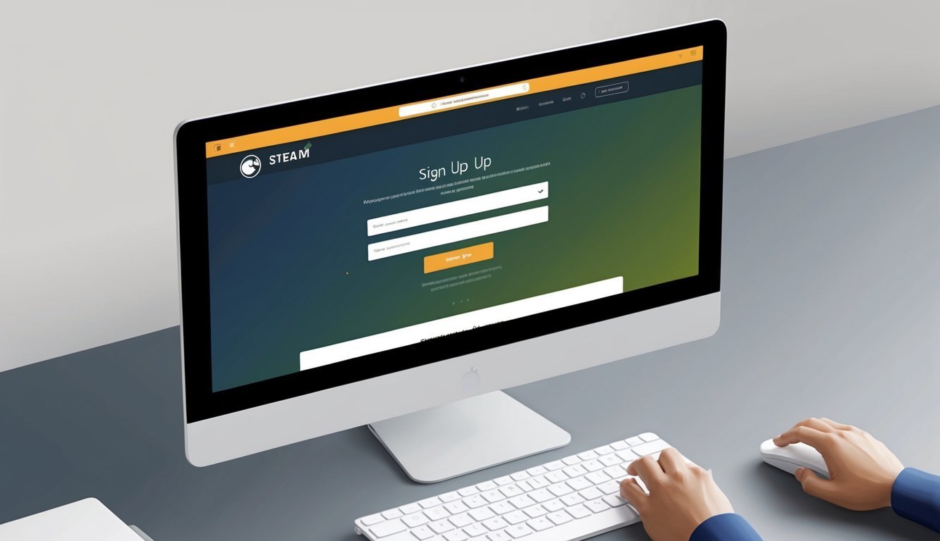A computer screen with the Steam website open, a cursor hovering over the sign-up button, and a keyboard nearby for input