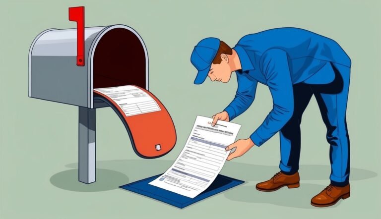 Mail carrier in blue uniform retrieving paperwork from a mailbox
