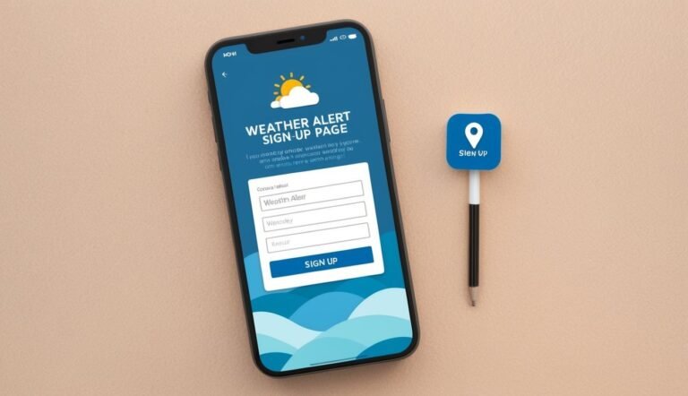 Smartphone displaying a weather alert sign-up page with a pen and location icon