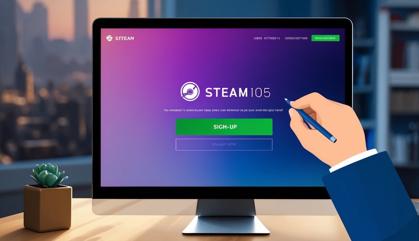 A computer screen displaying the Steam homepage with a cursor hovering over the sign-up button