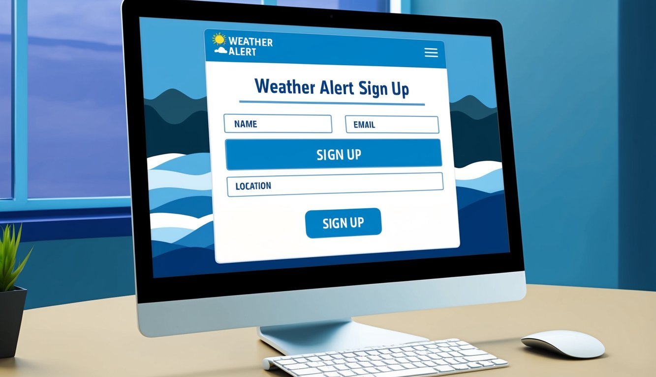 A computer screen displaying a weather alert sign-up form with fields for name, email, and location.</p><p>A button labeled "Sign Up" is prominently displayed