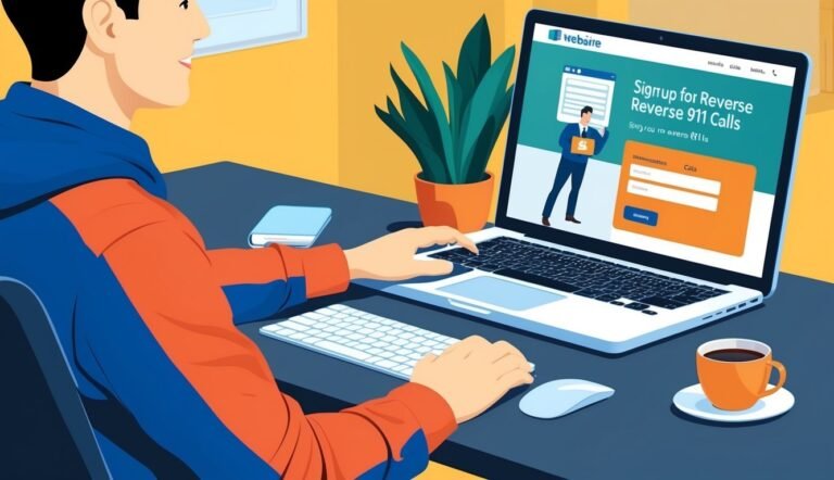 Man using laptop to sign up for reverse 911 calls on website