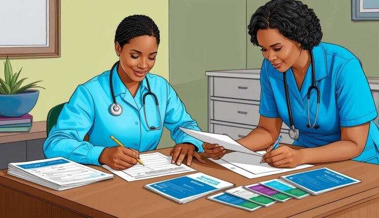 Two female doctors in blue scrubs reviewing paperwork at a desk