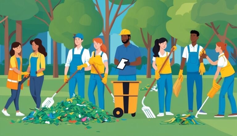 Group of people cleaning up a park with rakes and a cart