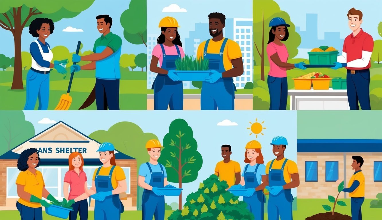 A group of diverse individuals working together on various community service projects, such as cleaning up a park, serving meals at a shelter, and planting trees