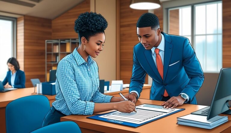 Two business people reviewing a document at a desk in an office