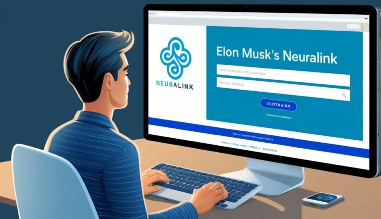 Man using a computer with Elon Musk's Neuralink login screen displayed