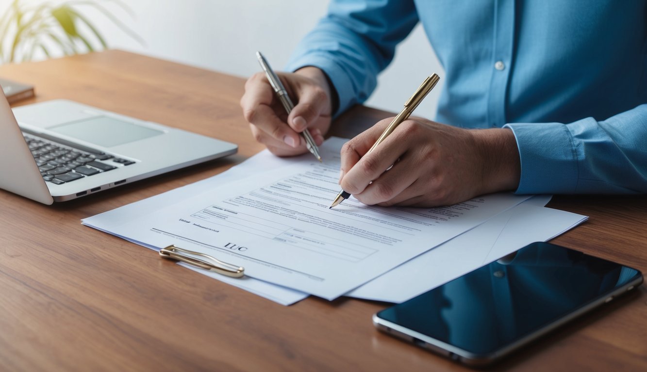 A person filling out LLC paperwork on a desk with a laptop and pen