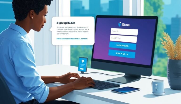 Woman signing up for ID.me on a computer with a phone nearby