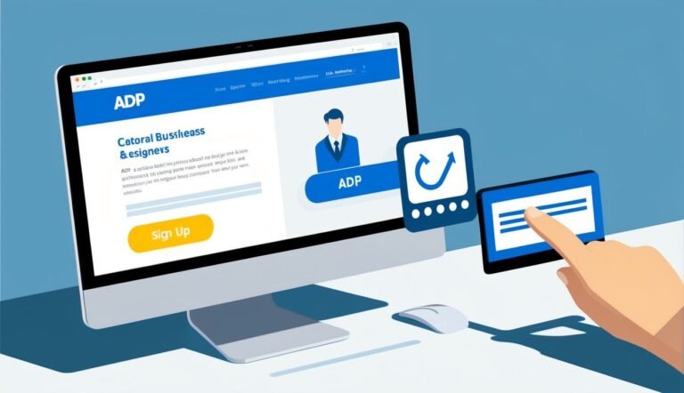 Computer screen showing ADP website with a finger touching a small screen