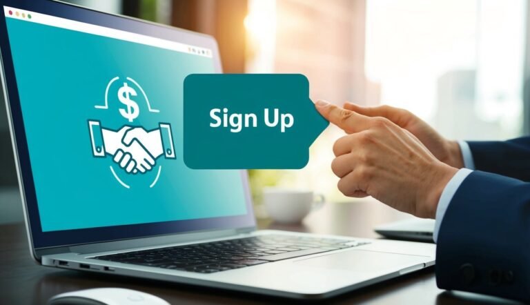 Person pointing at "Sign Up" button on laptop screen with handshake icon