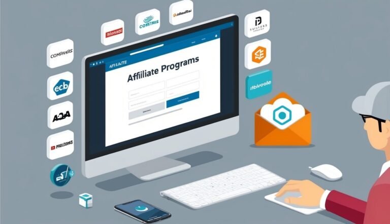 Person using computer with affiliate programs interface and various company logos