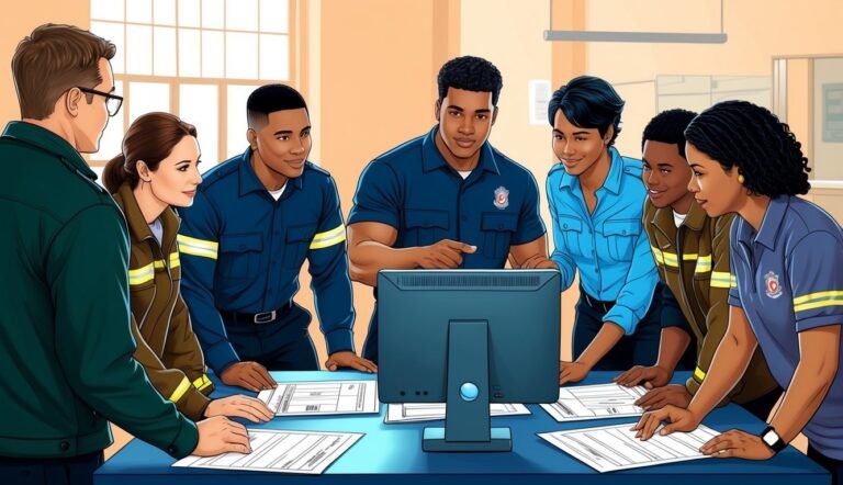Group of diverse people in uniforms around a computer and papers