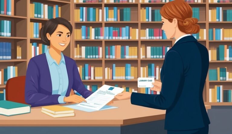 Librarian and patron at desk, library card being exchanged, bookshelves in background