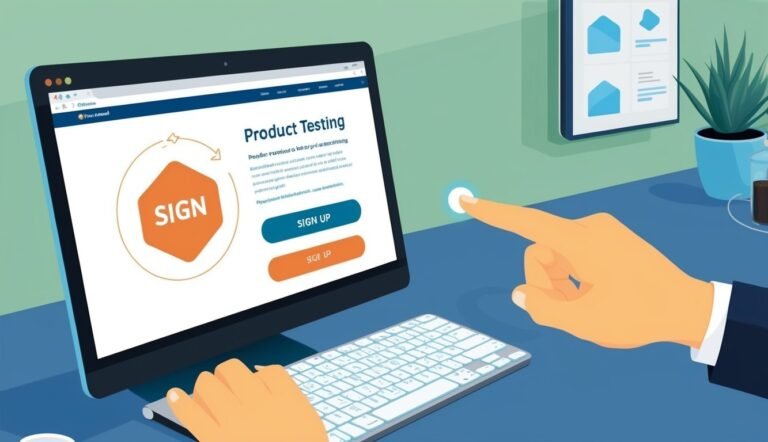 Person using a computer for product testing, with a "sign" button