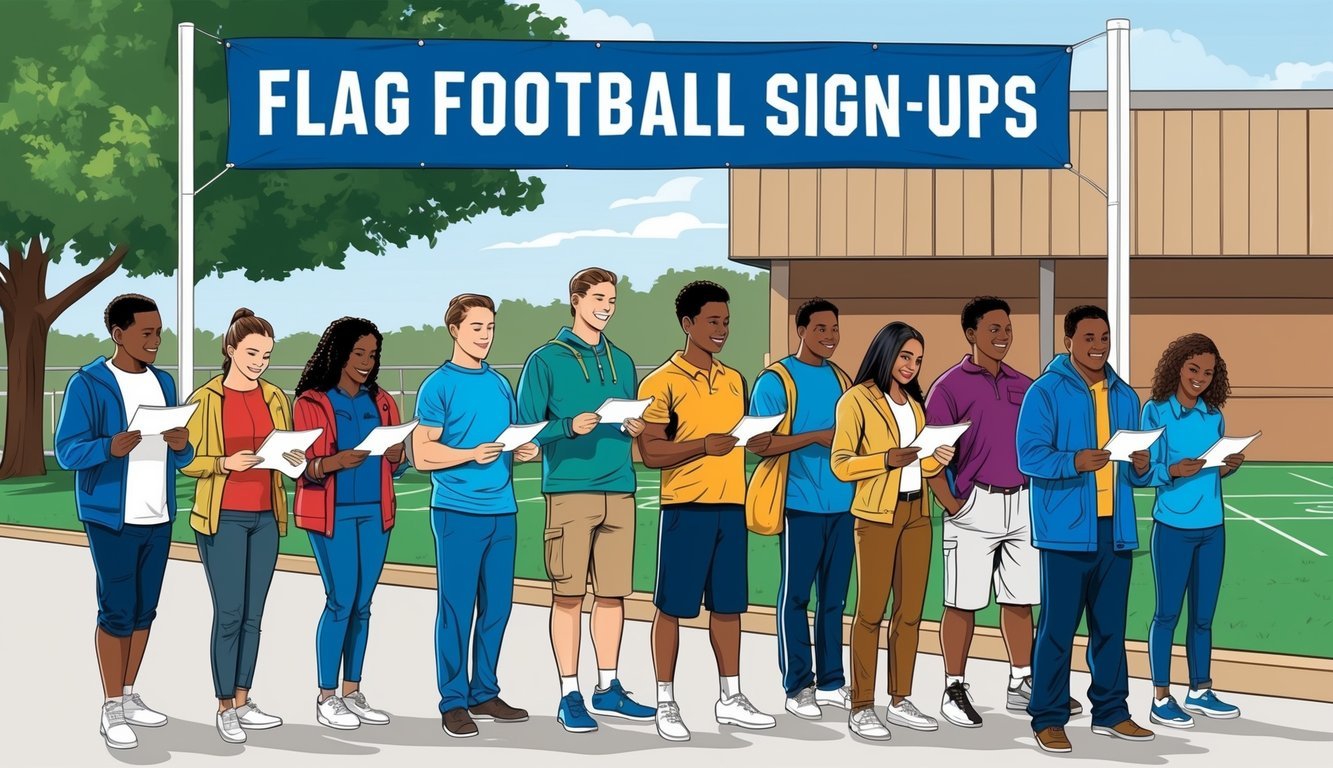 A group of people standing in line, holding registration forms, with a banner overhead advertising "Flag Football Sign-Ups"