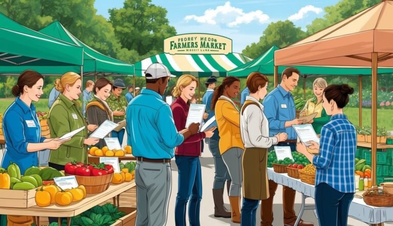 People at a farmers market looking at produce and holding papers