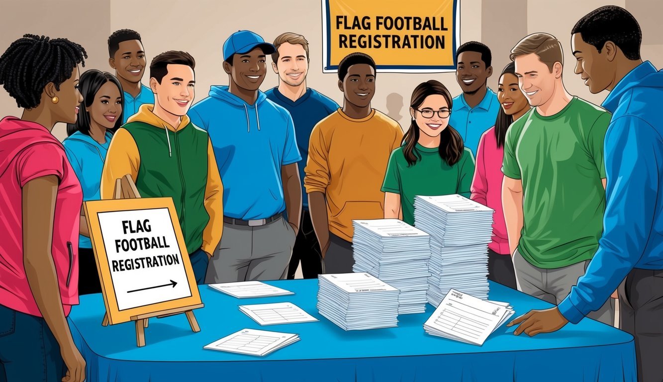 A group of people gather around a sign-up table, with a banner displaying "Flag Football Registration" and a stack of registration forms