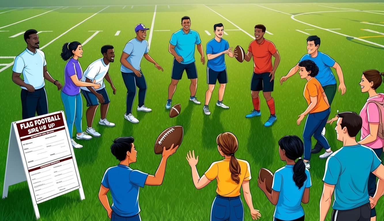 A group of people of various ages and genders are gathered on a grassy field, tossing a football back and forth.</p><p>A sign-up table with forms and a banner for Flag Football is set up nearby