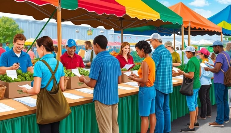 People at a farmers market buying produce under colorful awnings