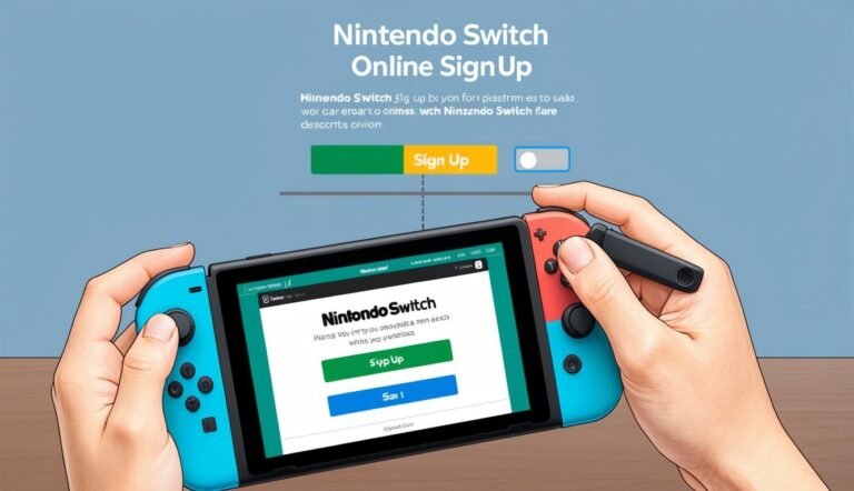 Nintendo Switch console with online sign-up screen and hands holding it