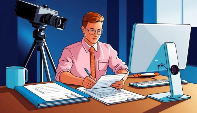 Man in glasses writing at a desk with a camera and computer