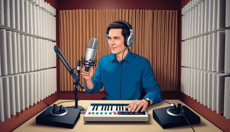 Man in recording studio with microphone, headphones, and keyboard