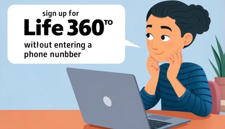 Woman looking at laptop with Life360 signup text bubble