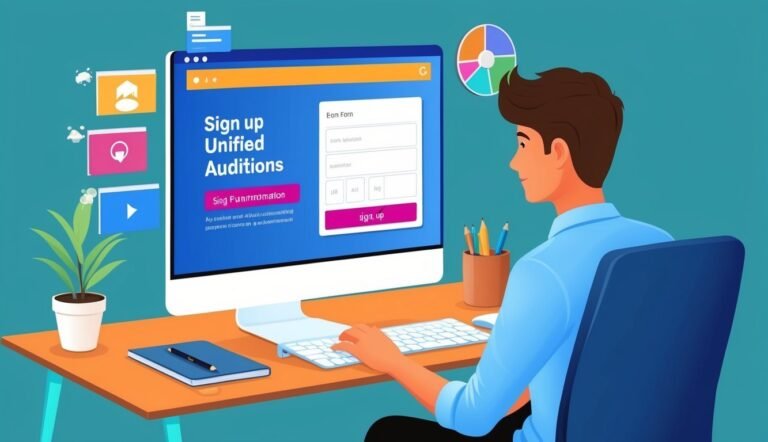 Man signing up for auditions on a computer, filling out a form