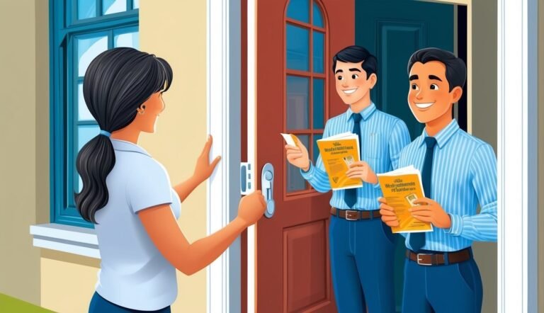 Two men at a door offering pamphlets to a woman