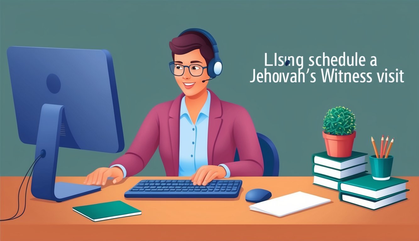 A person using a computer to schedule a Jehovah's Witness visit