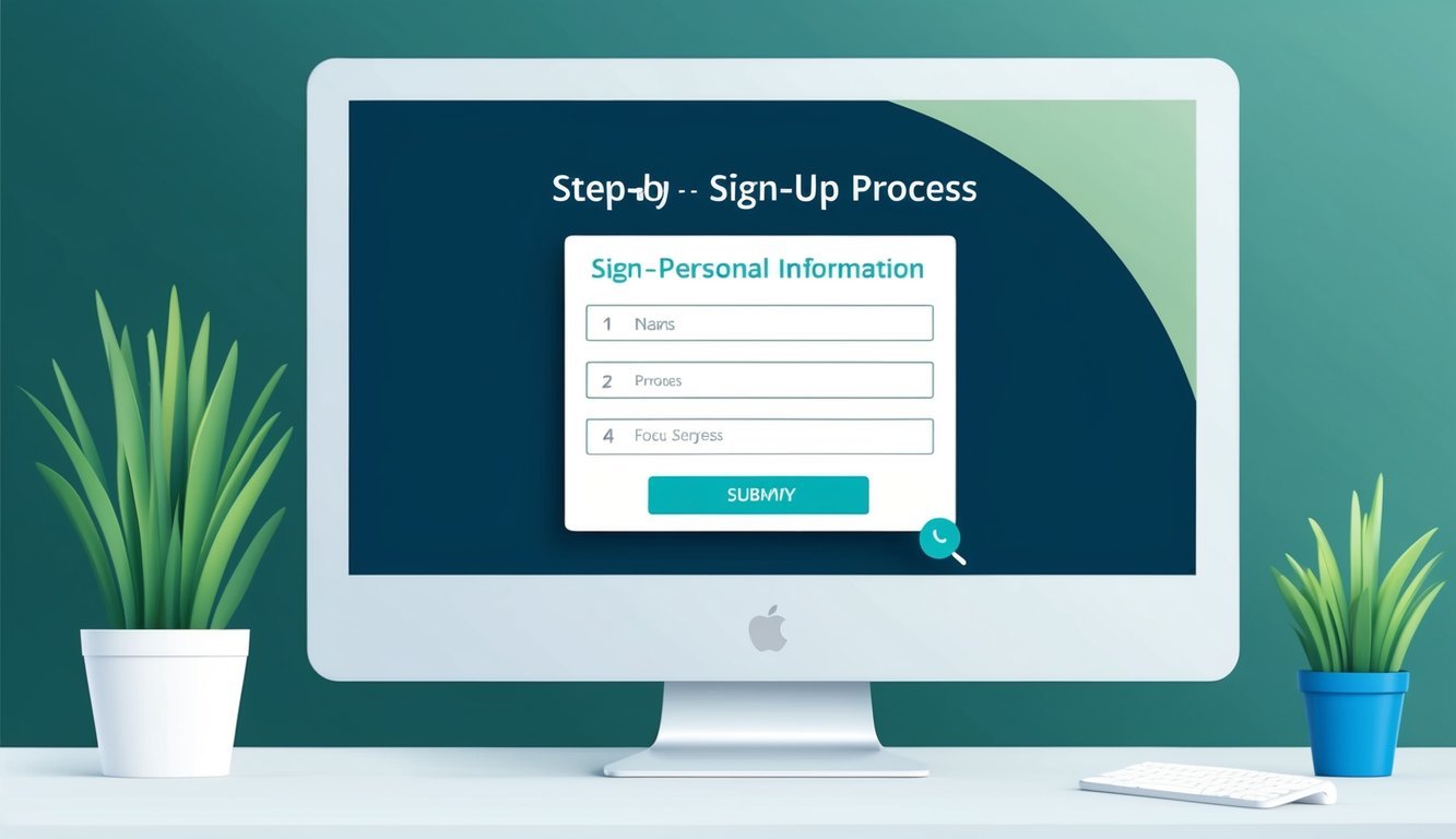 A computer screen displaying a step-by-step sign-up process for focus groups, with fields for personal information and a submit button