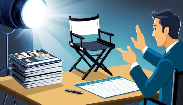 Director gesturing near a casting sheet, chair, headshots, and a spotlight