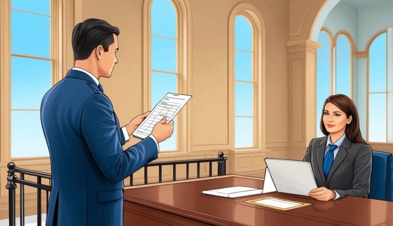 Man presenting documents to a woman in a courtroom setting