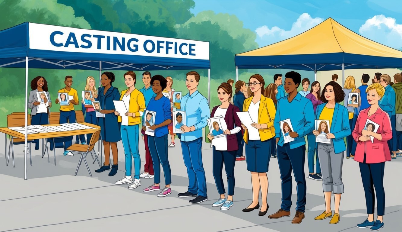 A line of people wait outside a casting office, holding headshots and resumes.</p><p>A sign-up table and chairs are set up under a tent