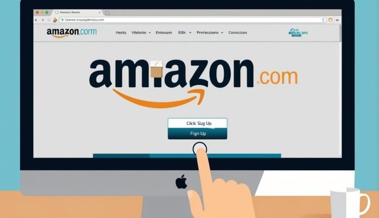 Amazon website on a computer screen with a finger pointing at "Sign Up"
