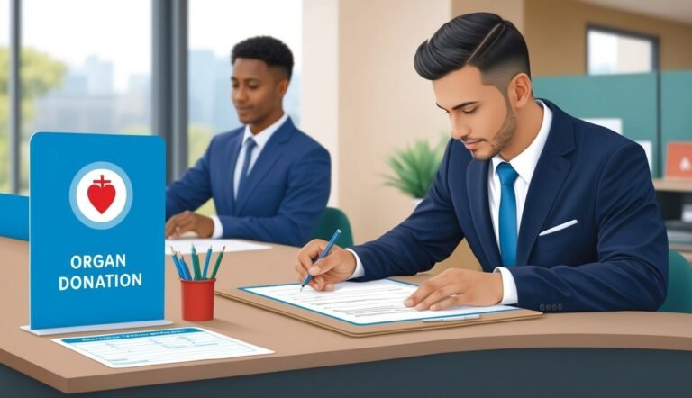 Two men in suits at a desk with an organ donation sign