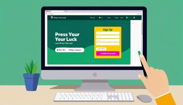 Computer screen displaying a "Press Your Luck" sign-up form, with a finger pointing