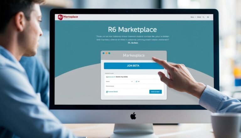 Man pointing at "Jon Beta" button on a computer screen displaying a marketplace
