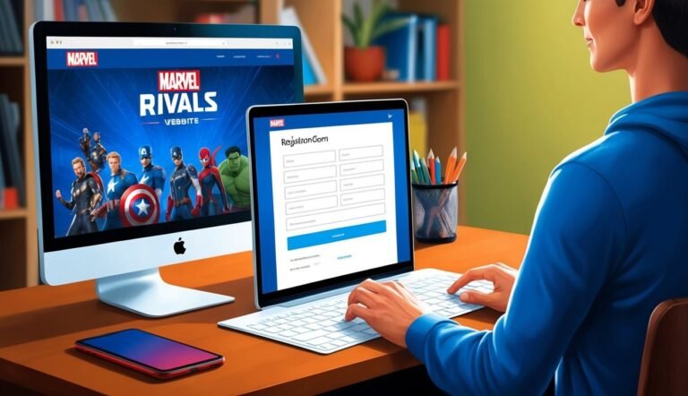 Person registering for Marvel Rivals game on laptop and desktop computer