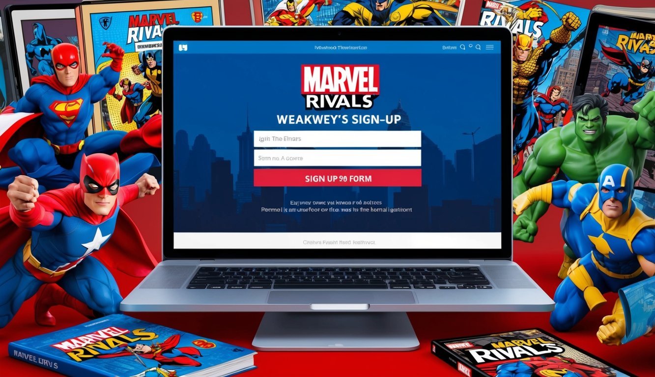 A computer screen displaying the Marvel Rivals homepage with a sign-up form, surrounded by superhero action figures and comic books