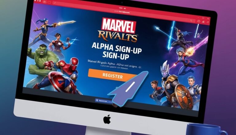 Marvel Rivals Alpha sign-up page on a computer screen with heroes