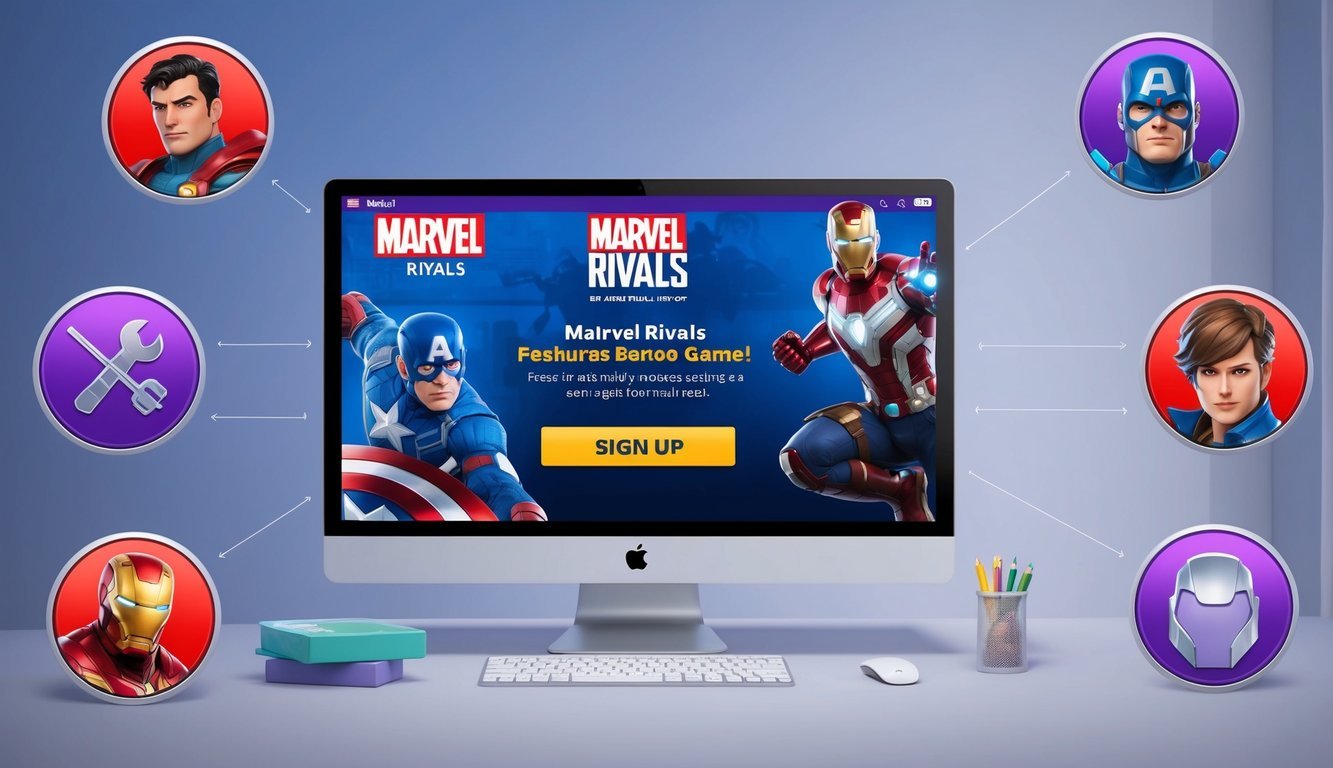 A computer screen displaying the Marvel Rivals homepage with a sign-up button highlighted.</p><p>Icons of game features surround the screen