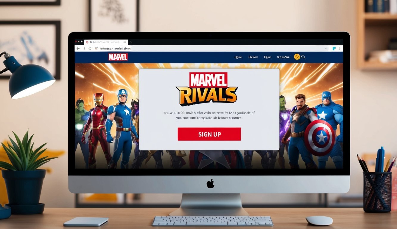 A computer screen showing the Marvel Rivals website homepage with a "Sign Up" button highlighted