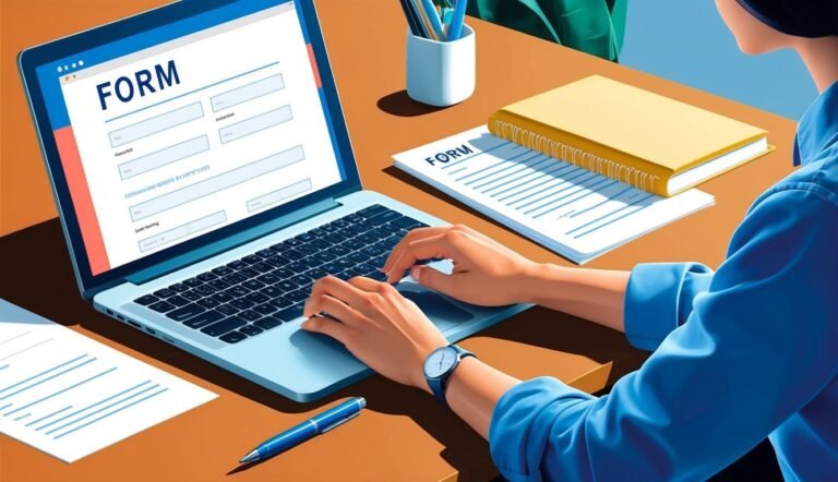Person filling out a form on a laptop, with a paper form nearby