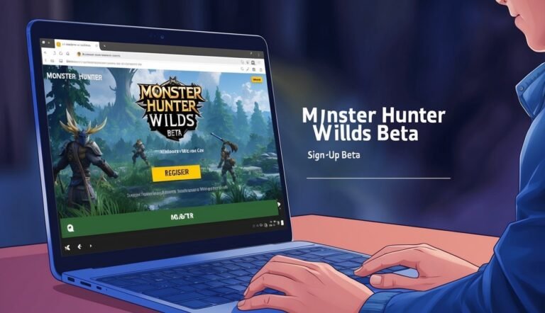 Laptop screen displaying Monster Hunter Wilds Beta sign-up page