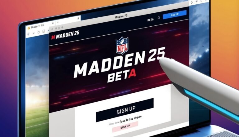 Laptop screen displays Madden 25 Beta sign-up page with NFL logo