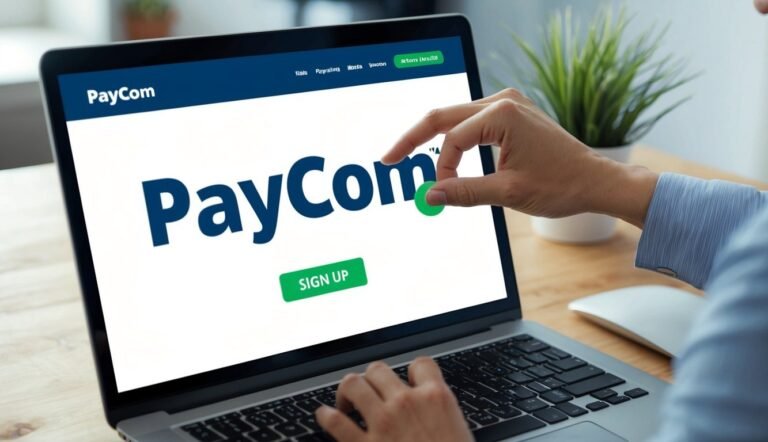 Laptop displaying PayCom website, hand placing green circle over the logo